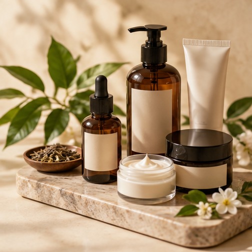 Bộ sản phẩm chăm sóc da đặt trên khay đá