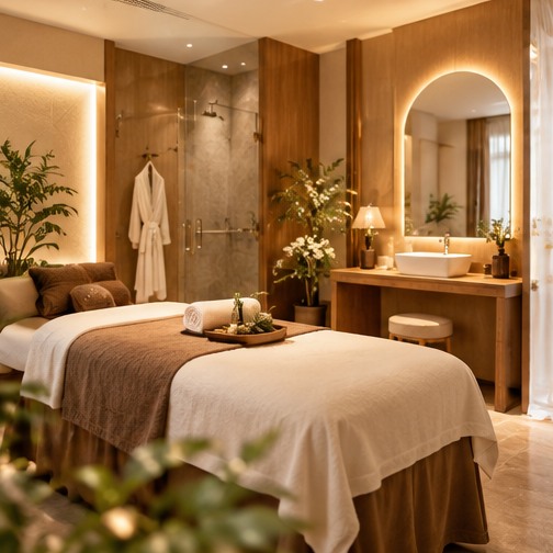 Phòng chăm sóc với giường spa, ánh sáng dịu và cây xanh
